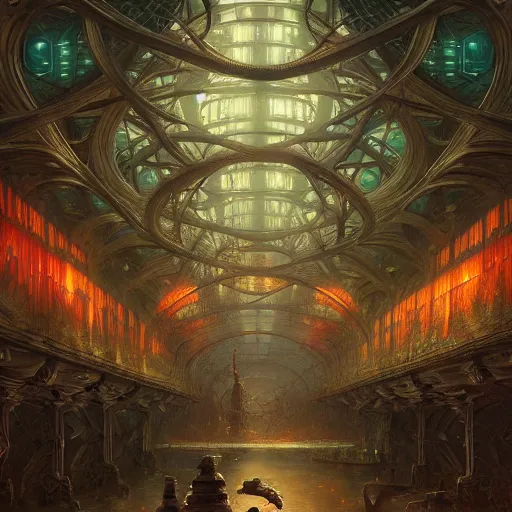 Image similar to scenic dystopian neon data center environment, intricate, elegant, highly detailed, centered, digital painting, artstation, concept art, smooth, sharp focus, illustration, artgerm, tomasz alen kopera, peter mohrbacher, donato giancola, joseph christian leyendecker, wlop, boris vallejo