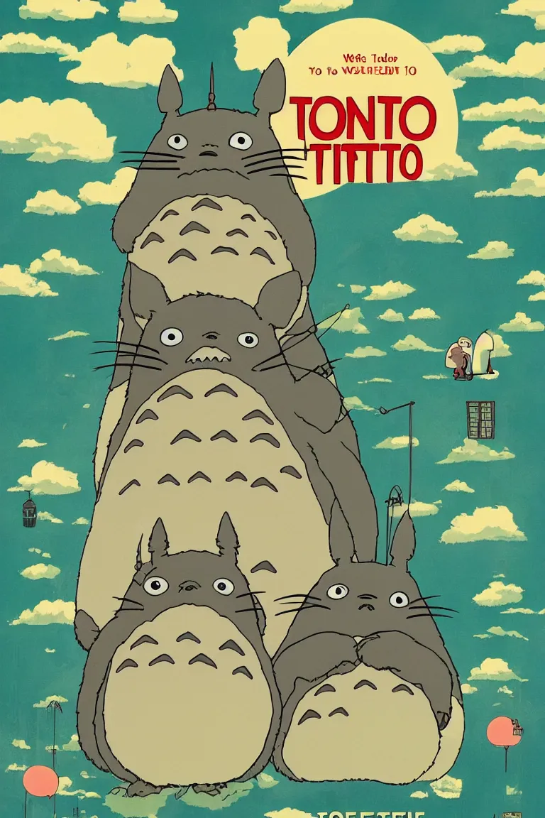 Image similar to movie poster if Totoro were directed by Wes Anderson, in the style of Wes Anderson, Wes Anderson color palette