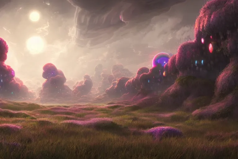Prompt: a psychedelic realm with rolling plains made out of clouds, and giant portals scattered throughout that lead into the multiverse, in the style of wlop, illustration, epic, fantasy, hyper detailed, smooth, unreal engine, sharp focus, ray tracing