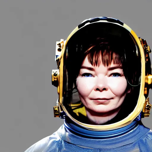 Image similar to bjork wearing astronaut helmet photorealistic, award winning photo