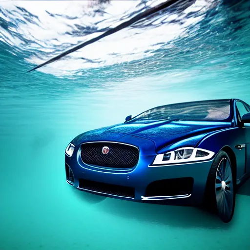 Image similar to hyperrealistic photo of an old jaguar car underwater in a swimming pool, 4 k, 8 k, thin film, full shot