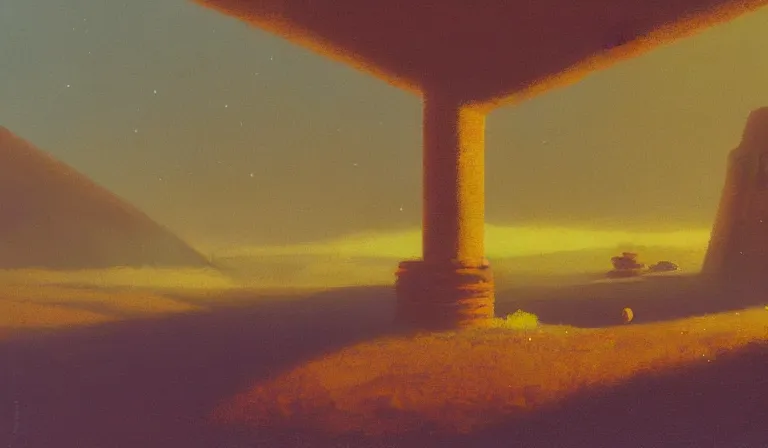 Prompt: A serene landscape with a singular building in the style of Paul Lehr.