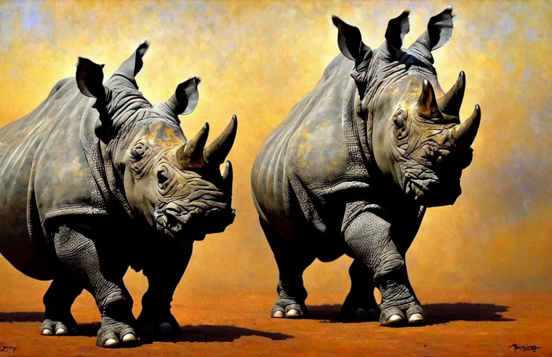 Image similar to portrait of a rhino!!!!!!!!!!!!!!!!!!!!!!!!!!!, detailed face, detailed painting, epic lighting, by ilya repin, phil hale and kent williams