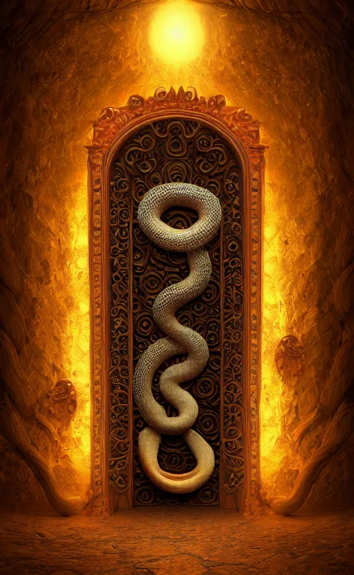 Prompt: a ornamental gate into space a snake emerges from it, ornament, intarsia, portal, doorway, dynamic lighting, ambient lighting, atmospherical, photorealistic fantasy concept art, trending on art station, stunning visuals, creative, cinematic, ultra detailed