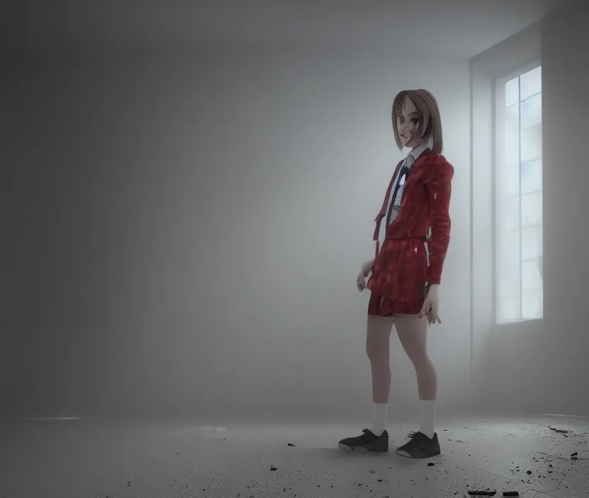 Image similar to school girl standing on an abandoned hospital room with red ceiling lighting and several blue lights on the walls, gloomy and foggy atmosphere, octane render, artstation trending, horror scene, highly detailded