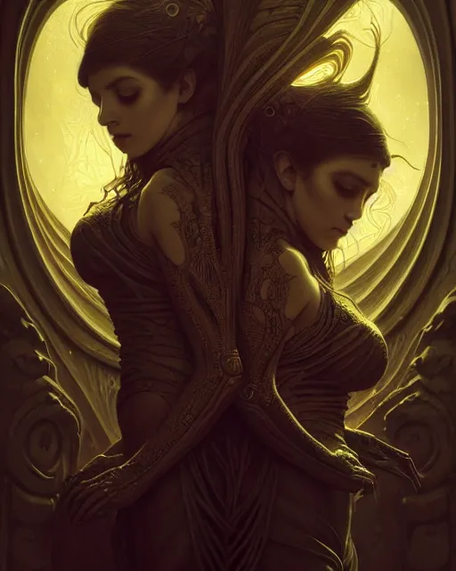 Image similar to fractal lovers by giger, golden ratio, deep focus, d & d, dark fantasy, intricate glow accents, elegant, highly detailed, digital painting, artstation, concept art, matte, sharp focus, octane render, hearthstone, art by artgerm and greg rutkowski and alphonse mucha