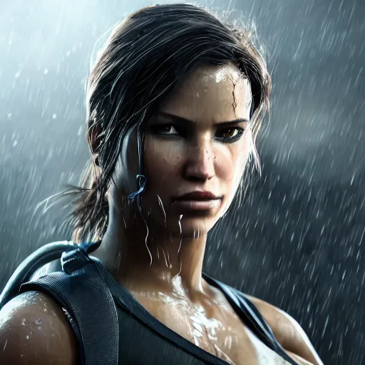 Image similar to Lara croft as spiderwoman,face wet, heavy rain ,dramatic, intricate, highly detailed, concept art, smooth, sharp focus, illustration, Unreal Engine 5, 8K