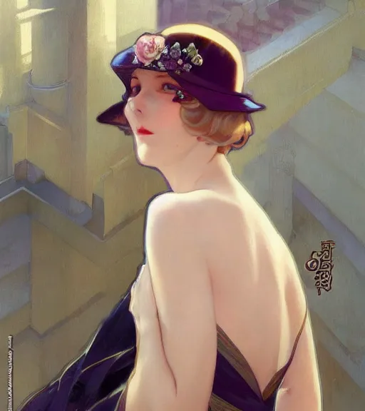 Image similar to Blonde girl in the roaring twenties wearing a dress, full-body shot, digital painting, smooth, elegant, hd, art by WLOP and Artgerm and Greg Rutkowski and Alphonse Mucha