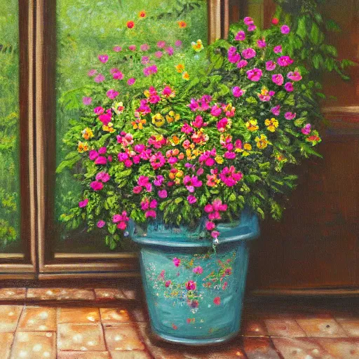 Prompt: a beautifull intricate oil painting of potted planter with flowers inside sitting on wet sidewalk