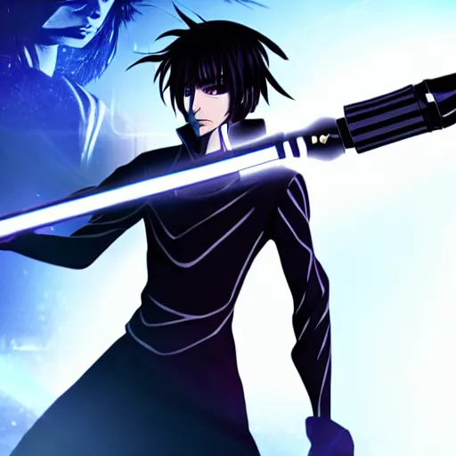 Image similar to eccentric Lelouch Lamperouge holding a lightsaber, mysterious man, octane 8k, aesthetic cyberpunk, lightsaber duel, 2022, beautiful reflections