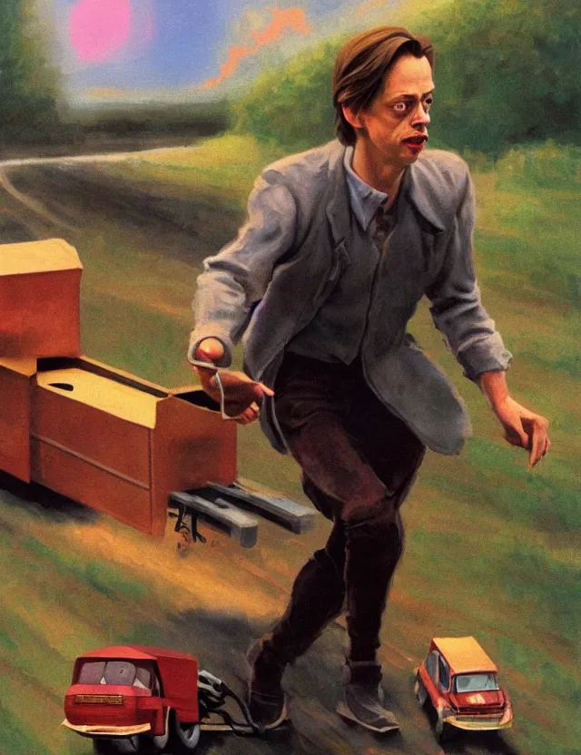 Prompt: young steve buscemi racing a box car. gouache fairytale art, russian romanticism, muted palette, backlighting, depth of field