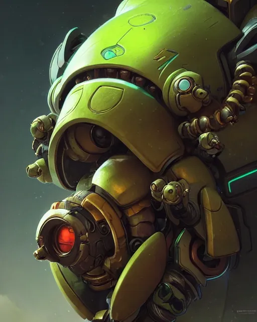 Prompt: orisa from overwatch with female face, portrait, close up, concept art, intricate details, highly detailed by greg rutkowski, michael whelan and gustave dore