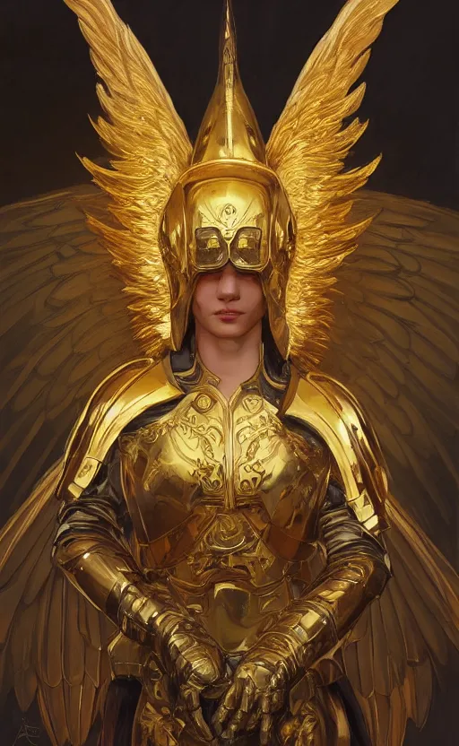 Prompt: Portrait of an archangel with golden wings, heavy armor and helmet, confident, heaven background, intricate, headshot, highly detailed, digital painting, artstation, concept art, sharp focus, cinematic lighting, illustration, art by artgerm and greg rutkowski, alphonse mucha, cgsociety