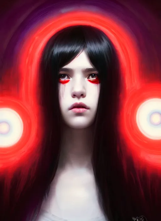 Prompt: portrait of teenage girl, red irises, red eyes, black hair, white bangs, purple clothes, white bangs, bangs, black hair and white bangs, intricate, elegant, glowing lights, highly detailed, digital painting, artstation, concept art, smooth, sharp focus, illustration, art by wlop, mars ravelo and greg rutkowski