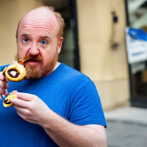Image similar to louis c k eating a cinnabon, xf iq 4, f / 1. 4, iso 2 0 0, 1 / 1 6 0 s, 8 k, raw, unedited, symmetrical balance, in - frame, sharpened