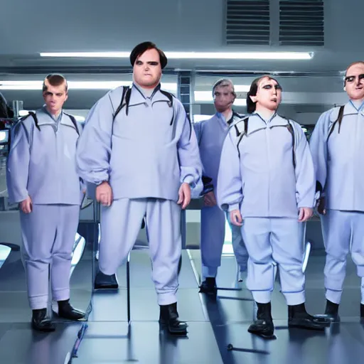 Prompt: troop jack black clones with white bob hairdos, tight light blue and lavender neopren suits, standing next to tall scientist looking at a clipboard, futuristic cloning facility, sci - fi, highly detailed, cinematic