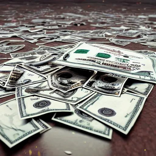 Prompt: pile of money and blood on the floor, ultrarealistic, highly detailed, 8k,