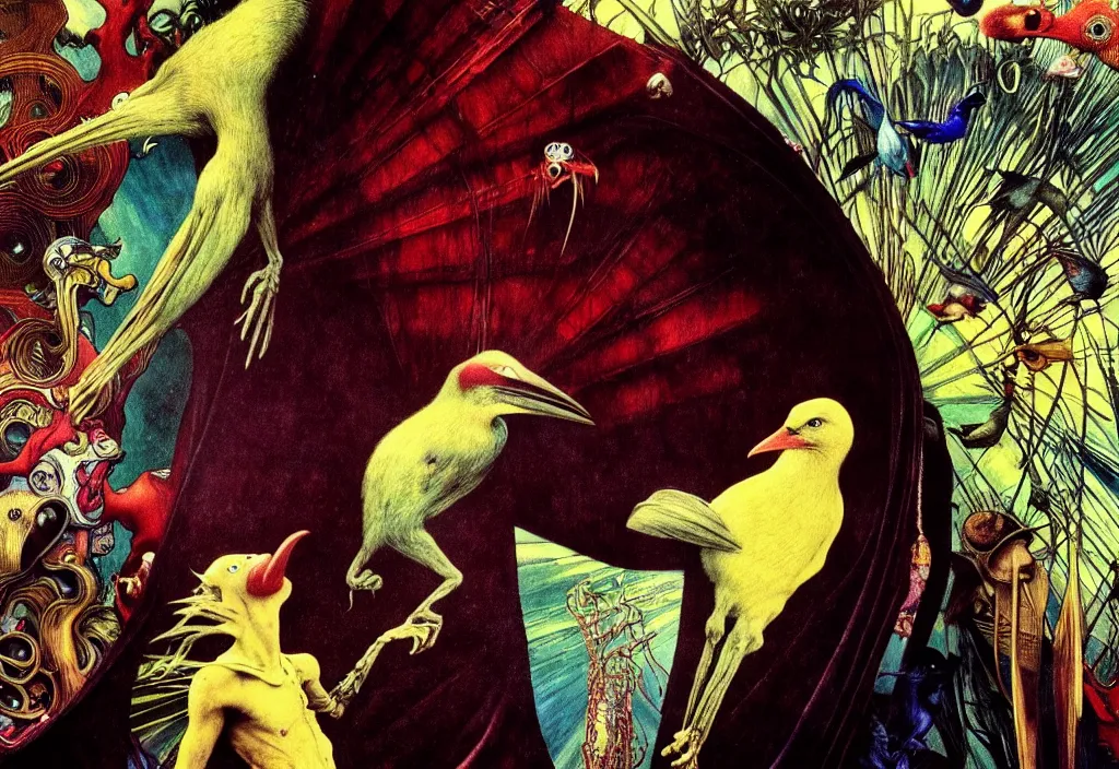 Image similar to realistic detailed portrait movie still of a birdman wearing dark robes, sci fi landscape background by denis villeneuve, amano, yves tanguy, alphonse mucha, max ernst, ernst haeckel, roger dean, masterpiece, rich moody colours, birds, snarling dog teeth