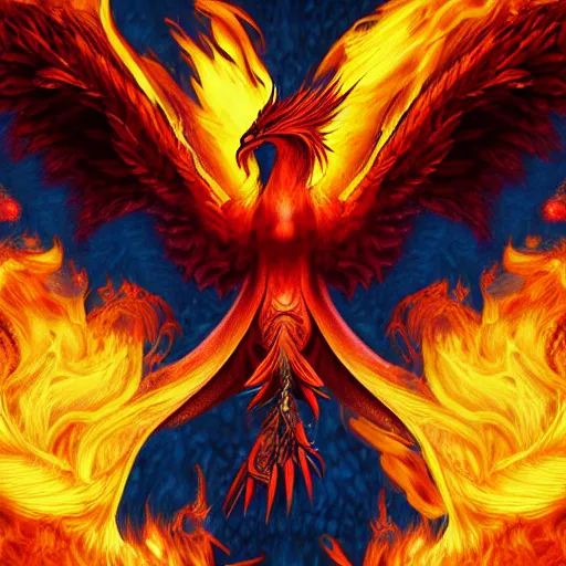 Image similar to realistic phoenix reincarnation in flames, detailed digital art