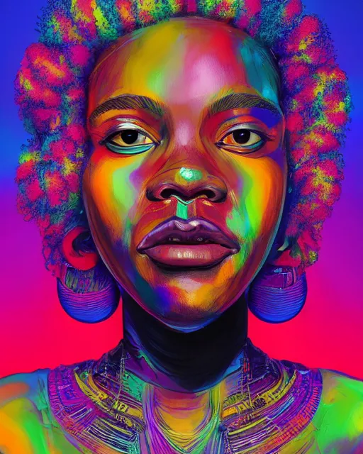 Image similar to colorful portrait of a black woman hippie wearing her hair in an afro, but set in the future 2 1 5 0 | highly detailed | very intricate | symmetrical | professional model | cinematic lighting | award - winning | painted by mandy jurgens | pan futurism, dystopian, bold psychedelic colors, cyberpunk, anime aesthestic | featured on artstation