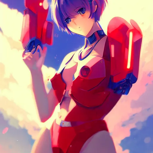 Prompt: digital anime art, cute girl, red mech arms and red mech legs, blue watery eyes!!!, gold short hair!!!, red bikini, full body!!!, wlop, rossdraws