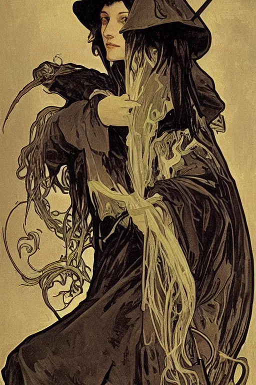 Prompt: portrait of a witch hunter by Alphonse Mucha