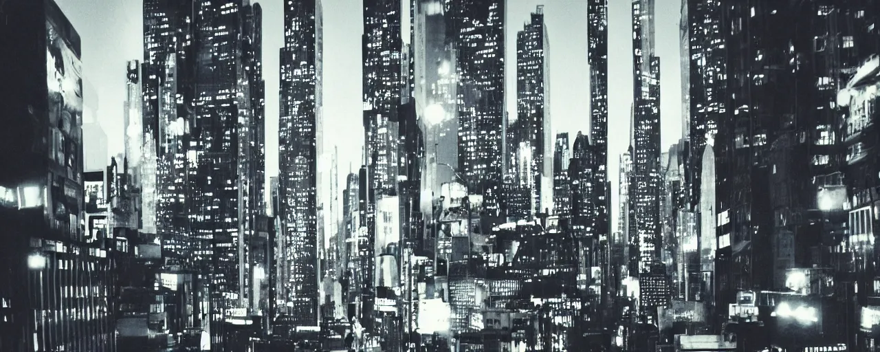 Image similar to ''photorealistic stablishing shot of futuristic new york city, at night with neon signs, shot in imax camera with anamorphic 4 0 mm lens by denis villeneuve''