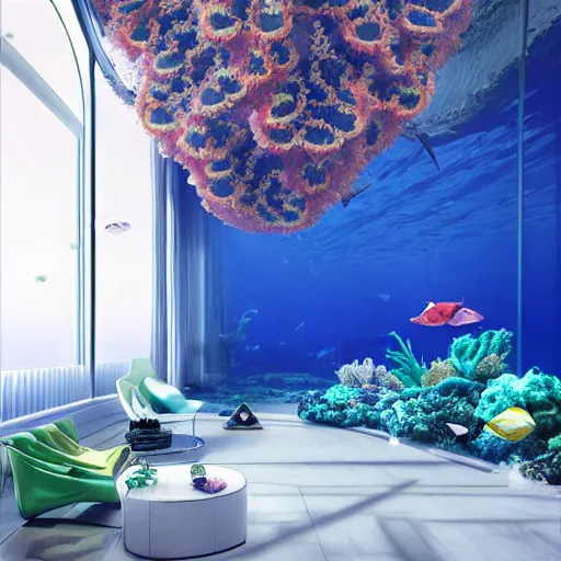 Image similar to photo of the modern fashionable room as aquarium with a chandelier as a big jellyfish, beautiful corals on the walls and dangerous sharks on the big panoramic window, realism, sharp details, cinematic, a lot of gleans, under the ocean, realistic colors, realistic shadows, daylight by beeple and by greg rutkowski