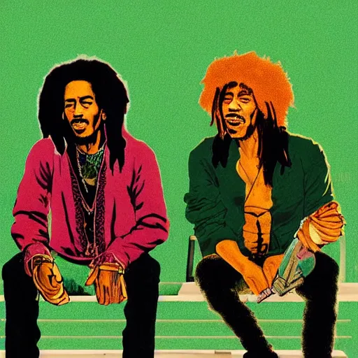 Image similar to Bob Marley and Jimi Hendrix smoking portrait, very detailed, Green Smoke, large white border, hd, high resolution print :1 Red, Gold and Green by Sachin Teng, trending on deviant art :1