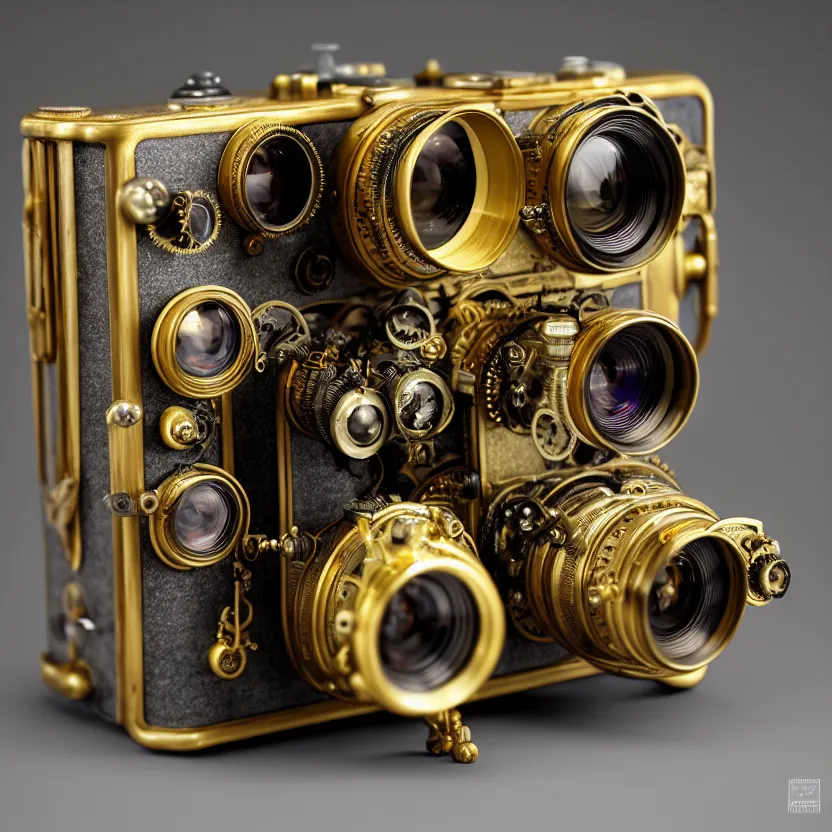 Prompt: photograph of a very very beautiful steampunk medium format camera with a brass lens!!. plain grey background. centered. highly detailed. apple design. gold. artstation, concept art, symmetry, smooth, shallow focus, art and john singer sargent and and mucha by theodore ralli and nasreddine dinet and anders zorn and nikolay makovsky and edwin long