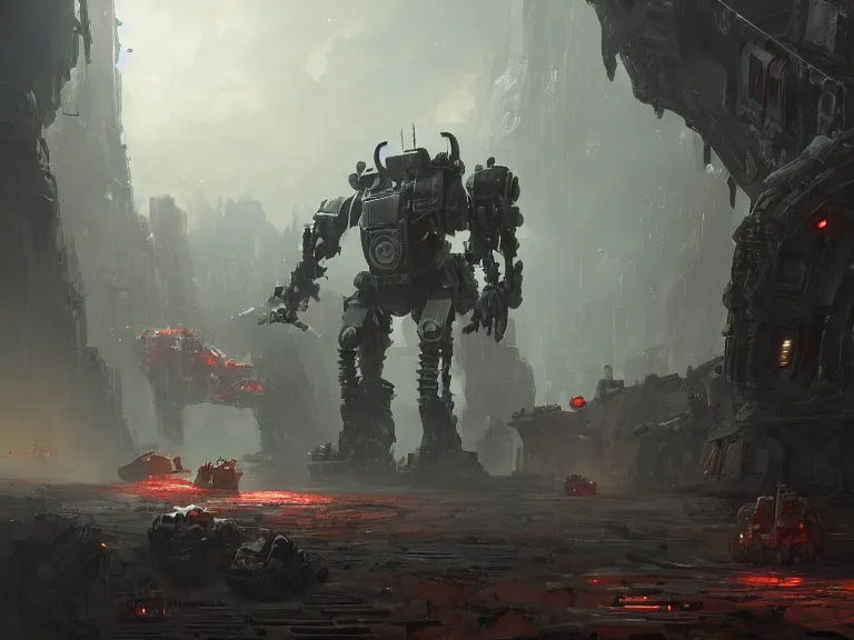 Prompt: a large battle robot stumbles through a cavernous landing bay after a battle, cinematic, dramatic lighting, intricate artwork by eddie mendoza and ross tran. Trending on artstation. 8k