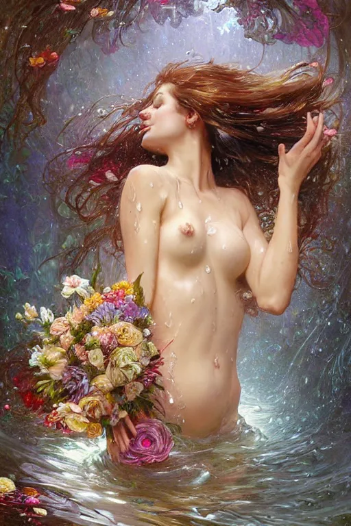 Prompt: portrait of a beautiful woman holding a bouquet of flowing flowers, drenched body, wet dripping hair, emerging from the water, fantasy, regal, fractal crystal, fractal gems, by stanley artgerm lau, greg rutkowski, thomas kindkade, alphonse mucha, loish, norman rockwell