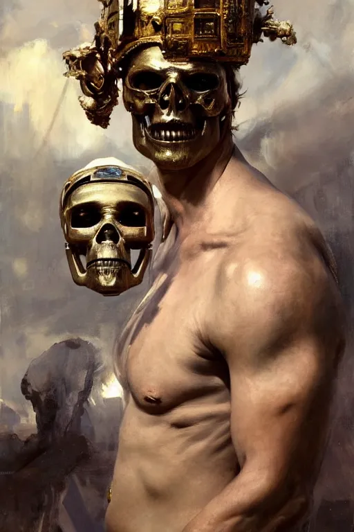 Prompt: beautiful expressive oil painting portrait of ancient roman god emperor cyborg with a skull mask ascending wearing the civic crown, art by anders zorn, wonderful masterpiece by greg rutkowski, beautiful cinematic light, american romanticism by greg manchess, jessica rossier