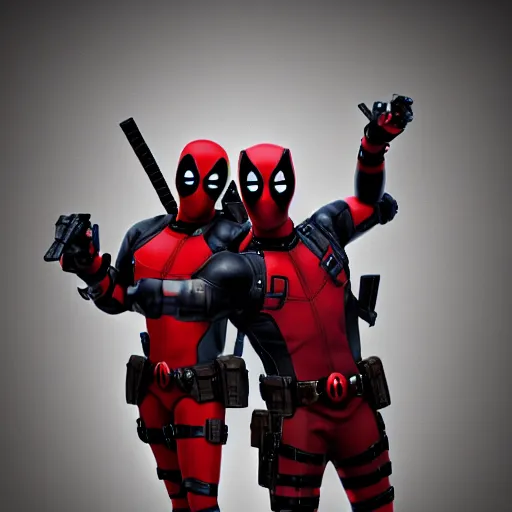 Image similar to deadpool twins but one is a robot , headshot photography, 4K 3D render, desktopography, HD Wallpaper, digital art