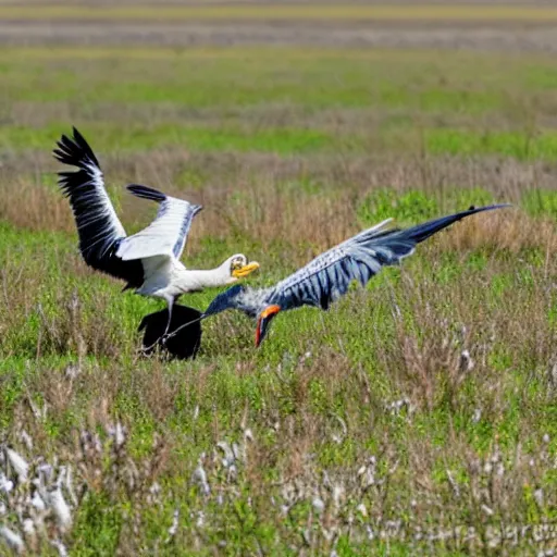 Image similar to secretary bird fighting an ostrich, in a cotton candy field