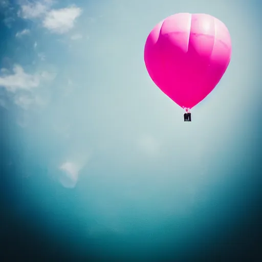 Image similar to a 5 0 mm lens photograph of a cute pink floating modern house, floating in the air between clouds, inspired by the movie up, held up from above by heart ballons. mist, playful composition canon, nikon, award winning, photo of the year