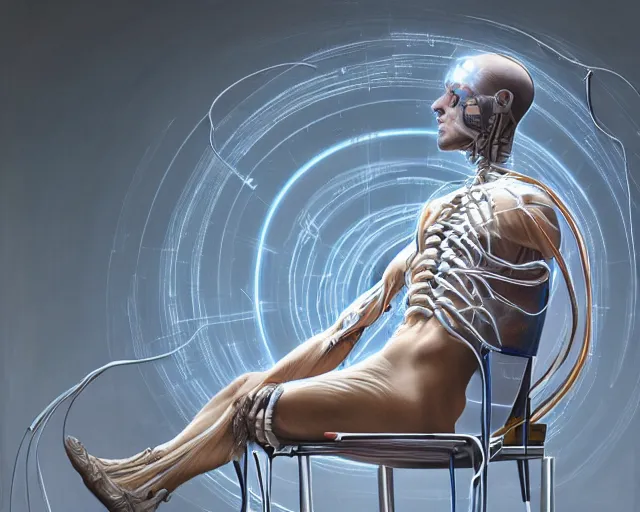 Image similar to a hyperrealistic painting of a human cyborg sitting in a chair with limbs stretched out, tied with electrical cables connected to supercomputers, flood of images flowing from his head, tesseract, vitruvian man, trending on artstation, concept art, insane details, zoomed out