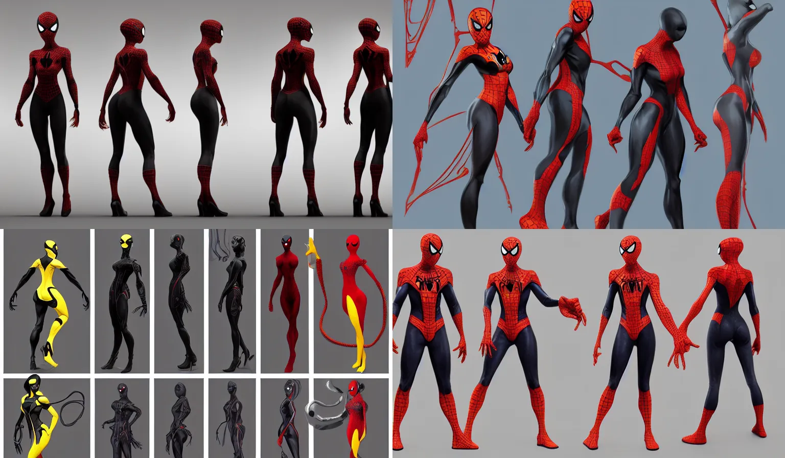 Prompt: full body character turnaround of a woman in an orb weaver outfit, character sheet, matte painting, spiderman!!, spiderwoman!!, john singer sargent, good value control, highly detailed portrait, character turnaround, digital painting, concept art, sharp focus, smooth, 3 d model, illustration, realistically proportioned body, black color and yellow scheme, black main color