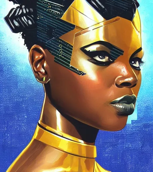 Prompt: african female android, by MARVEL comics and Sandra Chevrier