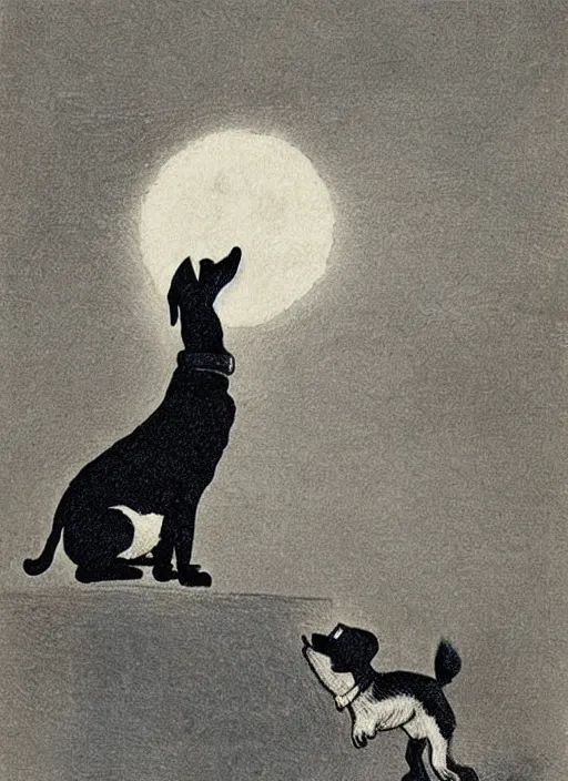 Prompt: jack russel dog silhouette howling at night, illustrated by peggy fortnum and beatrix potter and sir john tenniel