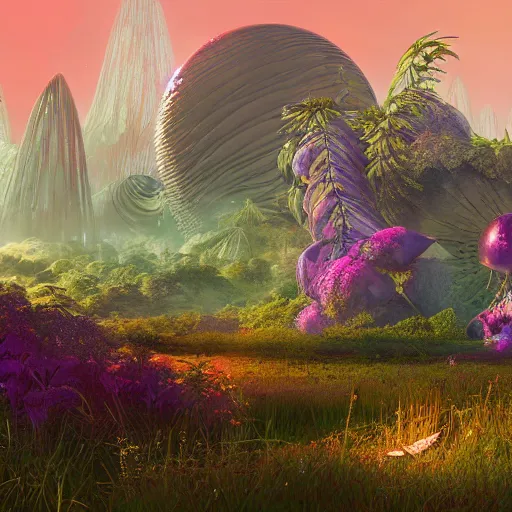 Image similar to lush organic alien skyline, flowers cryengine render by android jones, syd mead, and john stephens