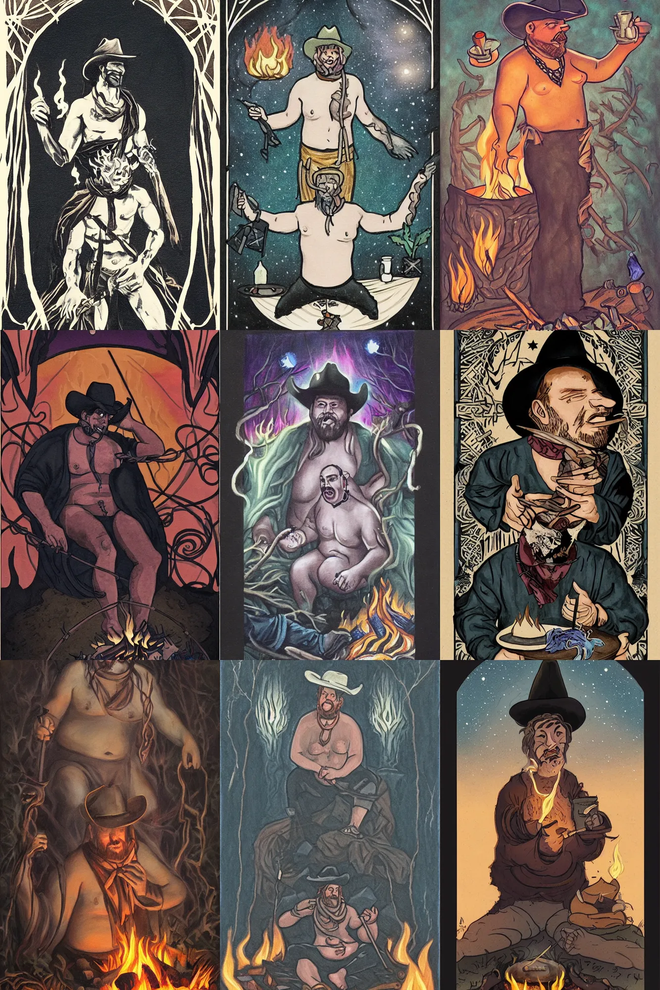 Prompt: a dark ethereal tarot card painting: a handsome! chubby shirtless man wearing a cowboy hat and a bandana around his neck sits behind a campfire at night. in front of the campfire is an assortment of food and beverages. the man is smirking mischievously. tarot card, art deco, art nouveau. trending on artstation.