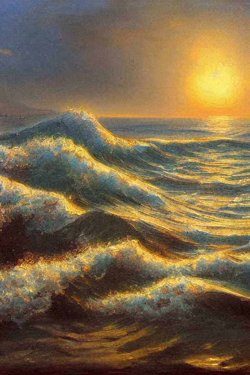 Image similar to very detailed seascape with big waves and sunset painted with oil paints in the style of Kuindzhi