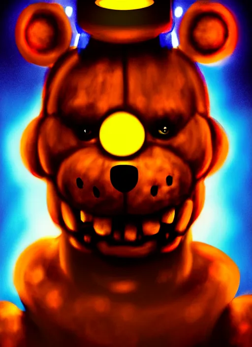 Image similar to portrait of freddy fazbear, glowing lights, highly detailed, digital painting, artstation, concept art, sharp focus, illustration