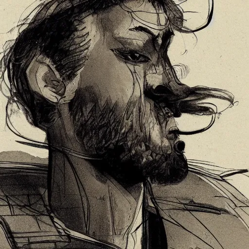 Image similar to very attractive man with beard, strong masculine features, slim, short hair, 35 years old, one android eye, sophisticated clothing with some steampunk elements, gesture dynamic, command presence, royalty, weathered face, smooth, sharp focus, organic, appealing, book cover, deep shadows, by Dave McKean sketch lineart for character design