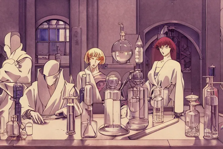 Prompt: cel shaded study of a group of alchemists in a late renaissance laboratory, key visual with intricate linework, in the stlye of moebius, ayami kojima, 90's anime, retro fantasy