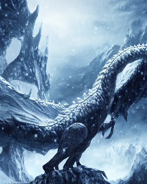 Image similar to giant snow dragon standing on a snowcapped mountain, highly detailed, 4 k, hdr, award - winning, directed by zack snyder, trending on art station, matte