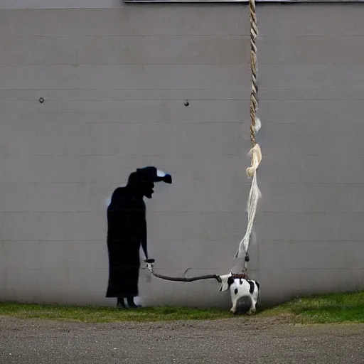 Image similar to a grim reaper walking a cow with a rope in the style of banksy