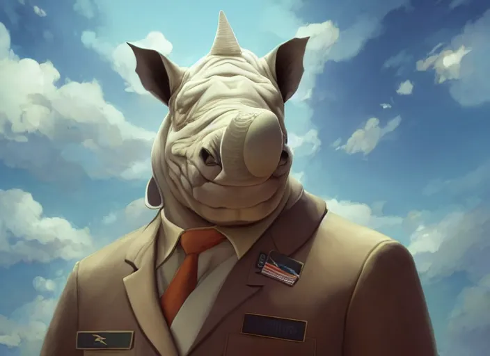 Image similar to character portrait feature of the anthro male anthropomorphic rhino fursona wearing airline pilot outfit uniform professional pilot character design stylized by charlie bowater, ross tran, artgerm, and makoto shinkai, detailed, soft lighting, rendered in octane, maldives in background