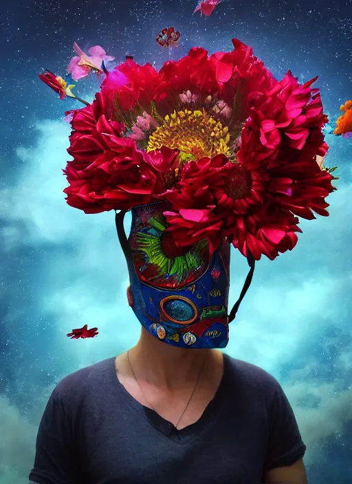 Image similar to An epic fantastic realism comic book style painting of the most beautiful flowers launched into space, bouquets, Shamanic Mask, fisheye lens, unreal 5, DAZ, hyperrealistic, octane render, dynamic lighting